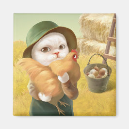 Imán Gato Adorable con Hen en la Granja