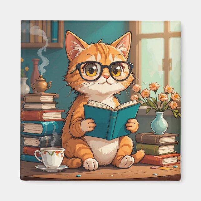 Imán Gato adorable que lleva gafas leyendo un libro (Frente)