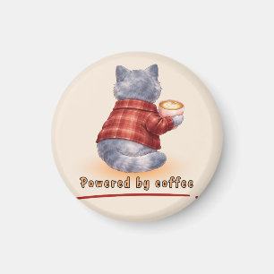 Imán Gato "Alimentado por Café" Sosteniendo una Taza de