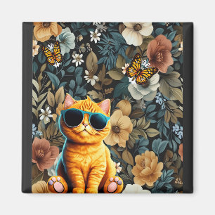 Imán Gato amarillo y mariposas en fondo floral