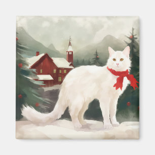 Imán Gato Angora Turco en Navidad con Nieve