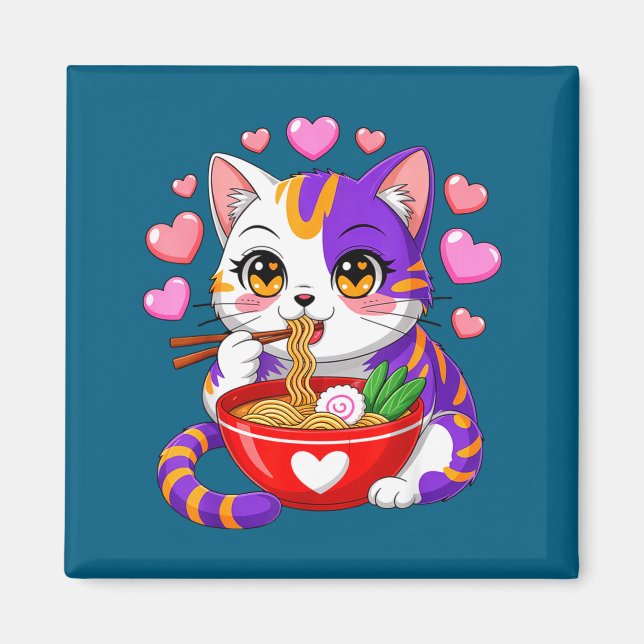 Imán Gato Anime Comiendo Fideos Ramen Con Corazones Div (Frente)