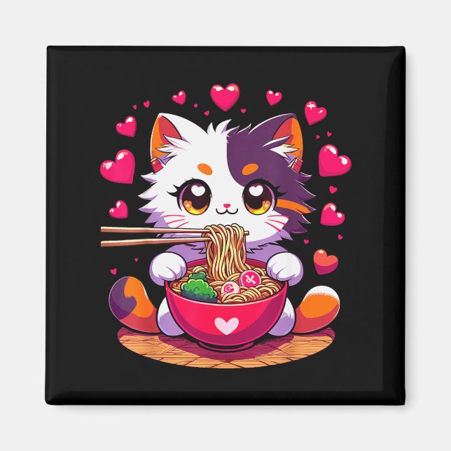 Imán Gato Anime Comiendo Fideos Ramen Con Corazones Val (Frente)