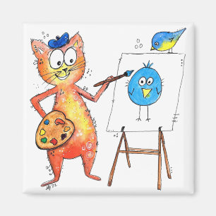 Imán Gato artista caprichoso pintando un pájaro