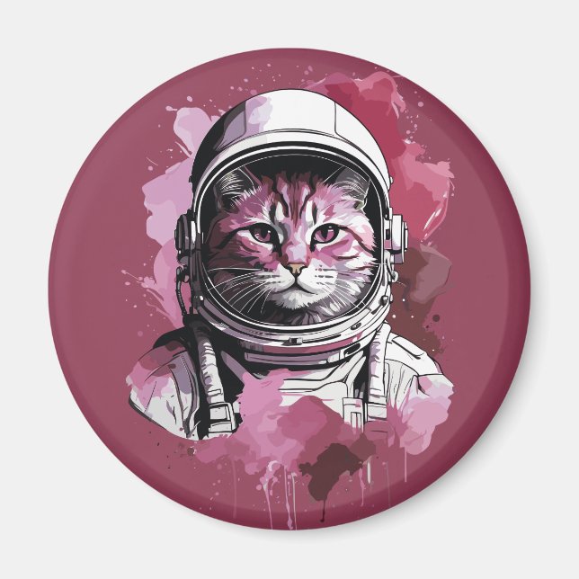 Imán Gato Astronauta Acuarela Roja (Frente)