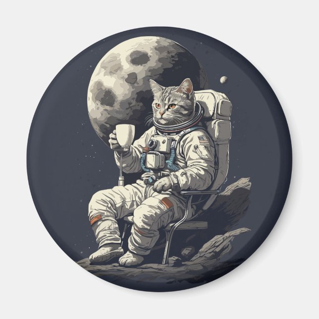 Imán Gato astronauta tomando una copa de café (Frente)