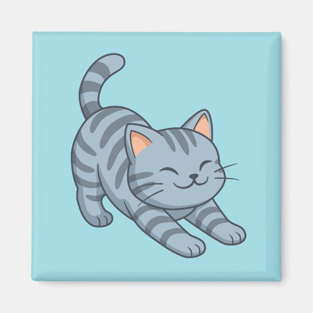 Imán Gato Atigrado Gris Estirándose Azul (Frente)