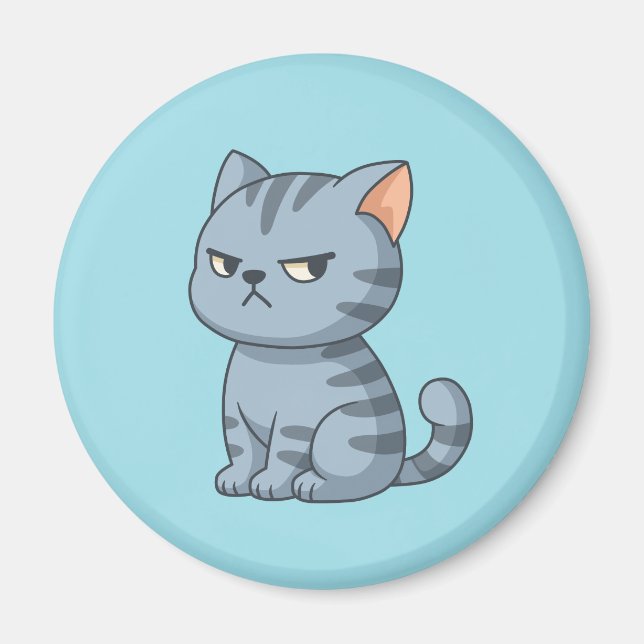 Imán Gato Atigrado Gris Malhumorado sobre Azul (Frente)