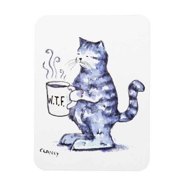 Imán Gato azul con taza WTF (Vertical)