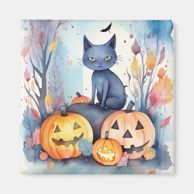 Imán Gato azul oriental de Halloween con calabazas ater (Frente)