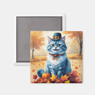 Imán Gato Azul Oriental en Hojas de Otoño de Acción de 