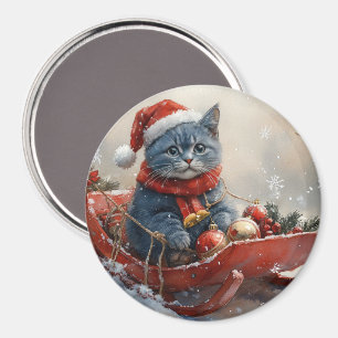 Imán Gato Azul Oriental en Trineo Deja que Nieve Navida