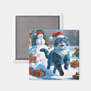 Imán Gato Azul Oriental Sentado en Sombrero de Navidad 