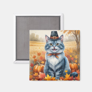 Imán Gato Azul Ruso Arte de Hojas de Otoño Día de Acció