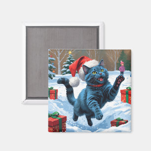 Imán Gato Azul Ruso Corriendo Nieve con Sombrero de Nav