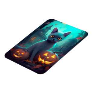 Imán Gato Azul Ruso de Halloween con Calabazas Espeluzn