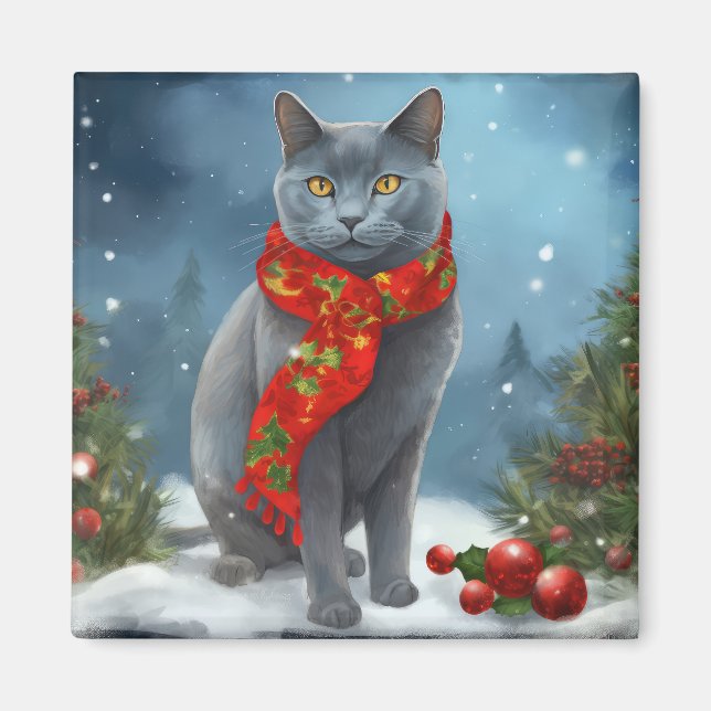 Imán Gato azul ruso en Navidades de nieve (Frente)
