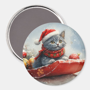 Imán Gato Azul Ruso en Trineo Deja que Nieve Navidad