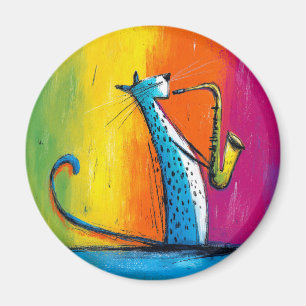Imán Gato azul tocando un saxofón
