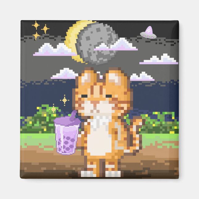 Imán Gato Bebiendo Boba Tea Alien Eclipse Magnet (Frente)