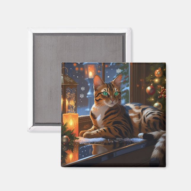 Imán Gato Bengal con Luces de Navidad Fiesta (Anverso/Reverso)