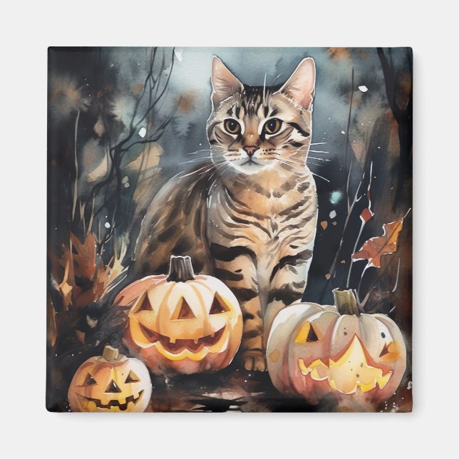 Imán Gato Bengal de Halloween con calabazas aterradoras (Frente)