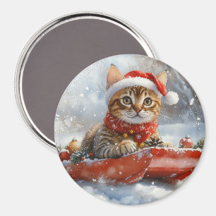Imán Gato Bengal en Trineo Deja que Nieve Navidad