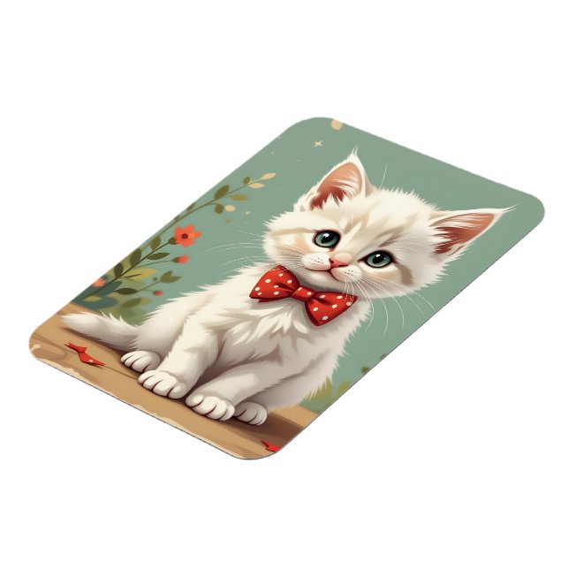 Imán Gato blanco adorable y lindo con corbata de moño (Lado Izquierdo)