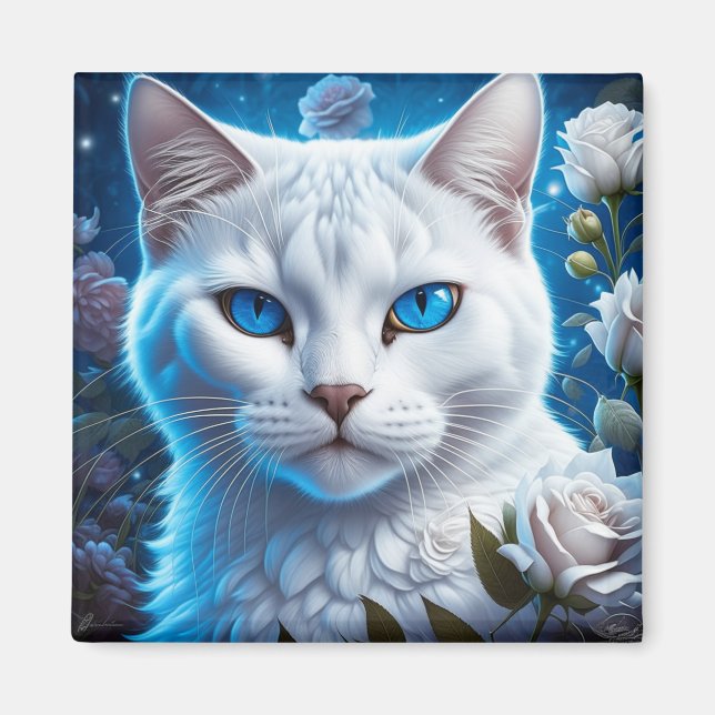 Imán Gato blanco con ojos azules brillantes florales (Frente)