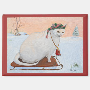 Imán Gato blanco de vacaciones de Navidad en la nieve