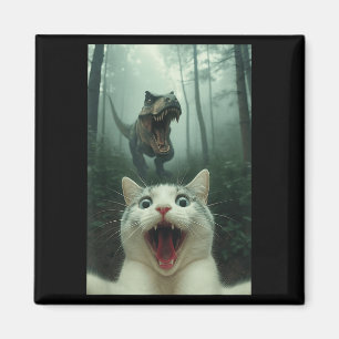Imán Gato Blanco Divertido Selfie Con Dinosaurio T-Rex,