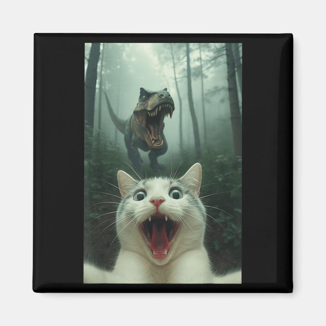 Imán Gato Blanco Divertido Selfie Con Dinosaurio T-Rex, (Frente)