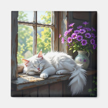 Gato blanco durmiendo y flores púrpura