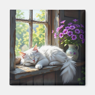 Imán Gato blanco durmiendo y flores púrpura