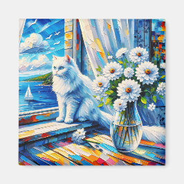 Imán Gato blanco en el umbral de la ventana mirando hac