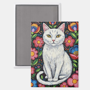 Imán Gato blanco en flores coloridas del arte popular