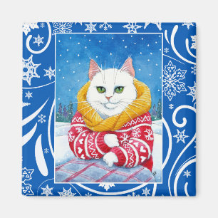 Imán Gato blanco lindo, naturaleza del invierno del
