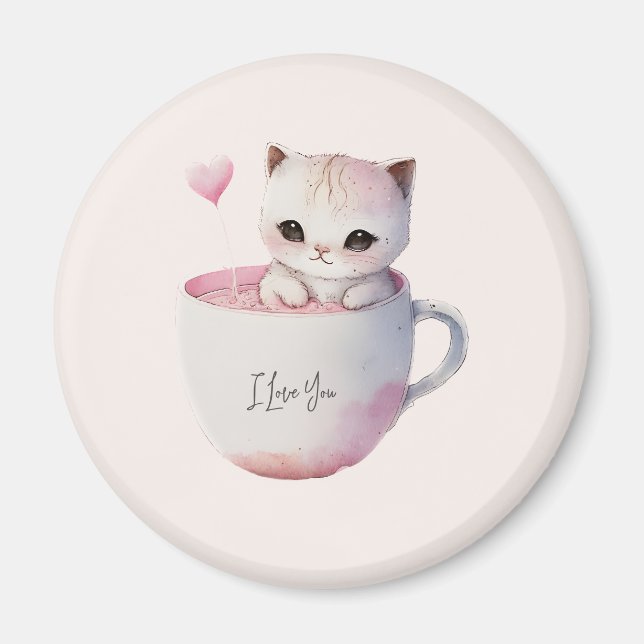 Imán Gato blanco-rosado en una taza de té (4) (Frente)