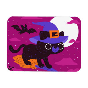 Imán Gato Bruja Lindo Vuela en Escoba Halloween Kawaii