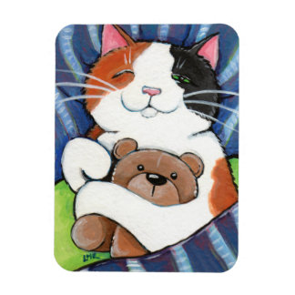 Imán Gato Calico durmiendo y osito de peluche
