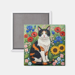 Imán Gato calico y girasoles de arte popular