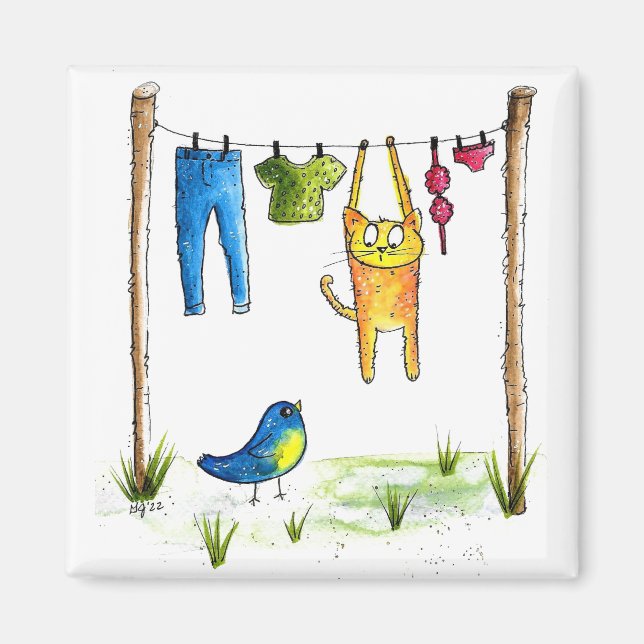 Imán Gato caprichoso en la línea de la ropa (Frente)