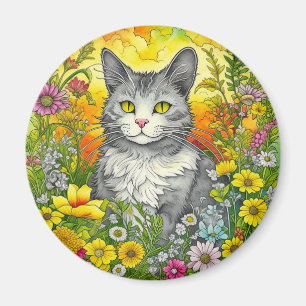 Imán Gato caprichoso y flores