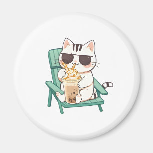 Imán Gato Chibi Kawaii con Gafas de Sol Bebiendo Frappè