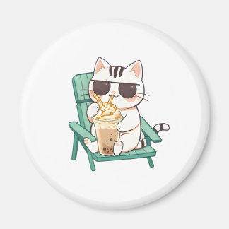 Imán Gato Chibi Kawaii con Gafas de Sol Bebiendo Frappè