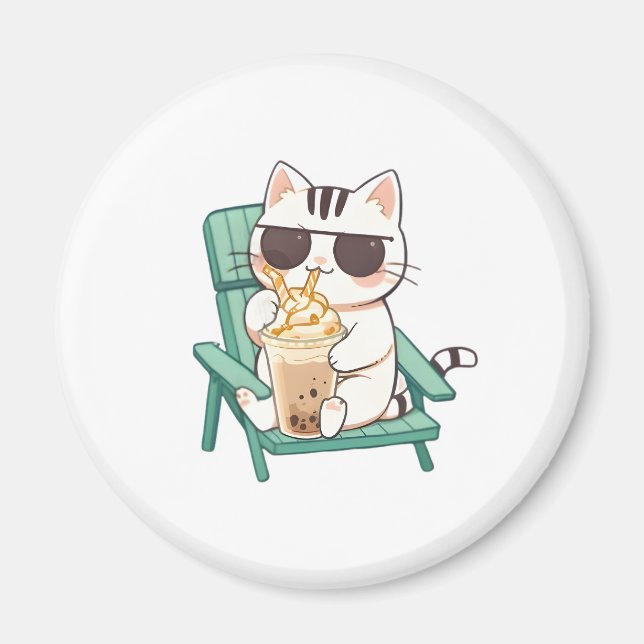 Imán Gato Chibi Kawaii con Gafas de Sol Bebiendo Frappè (Frente)