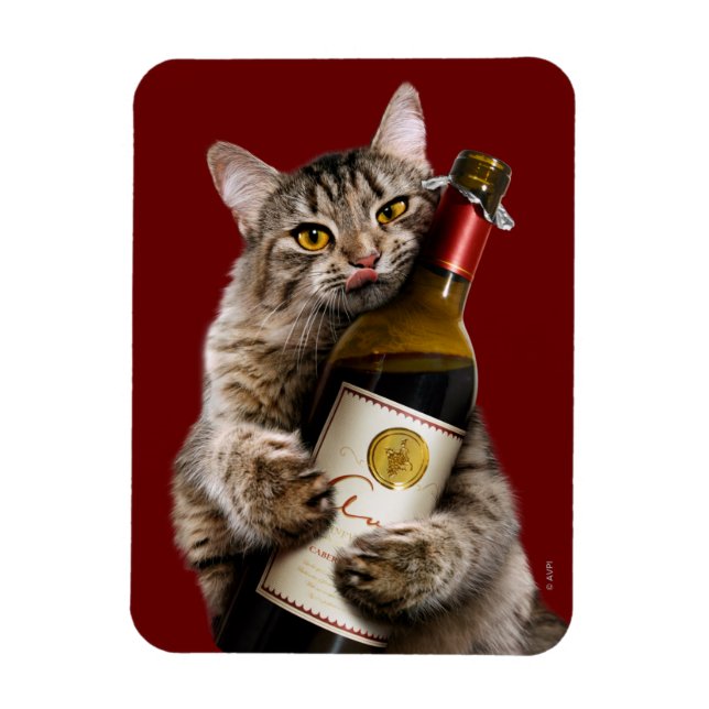 Imán Gato Con Botella De Vino (Vertical)