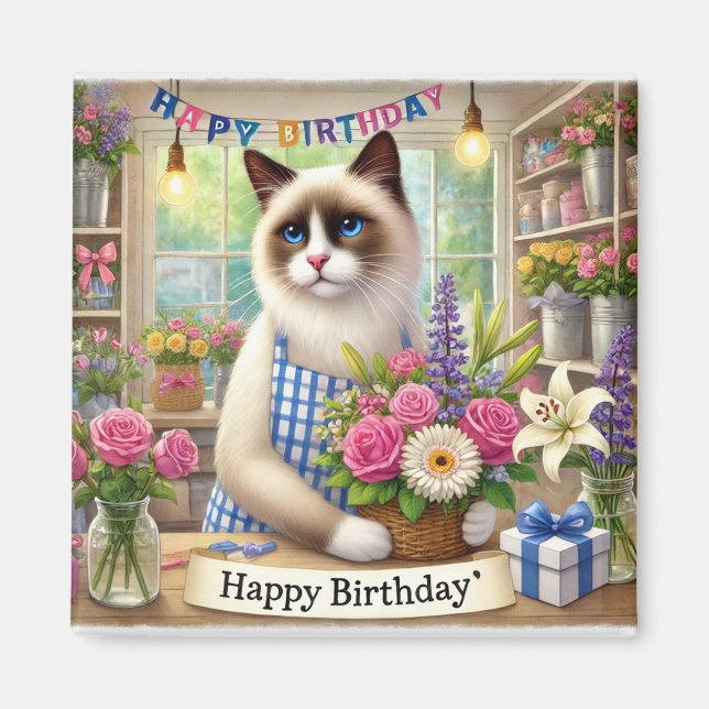 Imán Gato con flor - Signo de cumpleaños feliz (Frente)