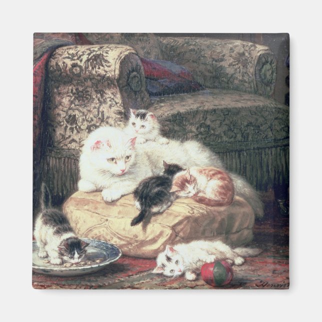 Imán Gato con sus gatitos en un cojín (Frente)
