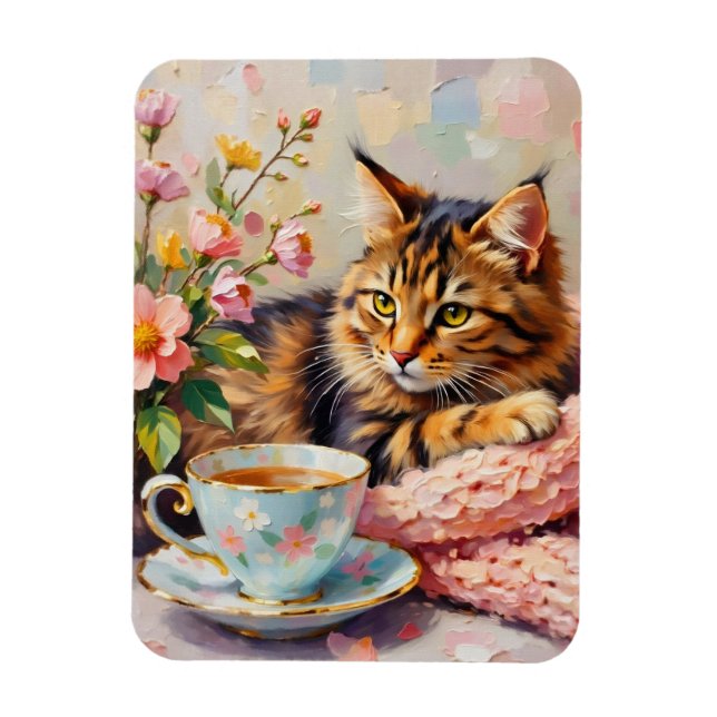 Imán Gato con taza de té (Vertical)